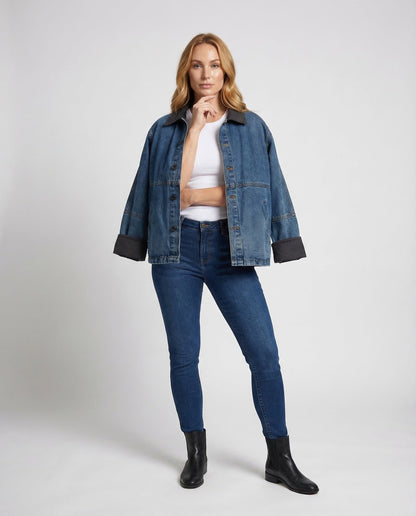 Damen Oversize Jeansjacke Mit Kragen - Norvielle
