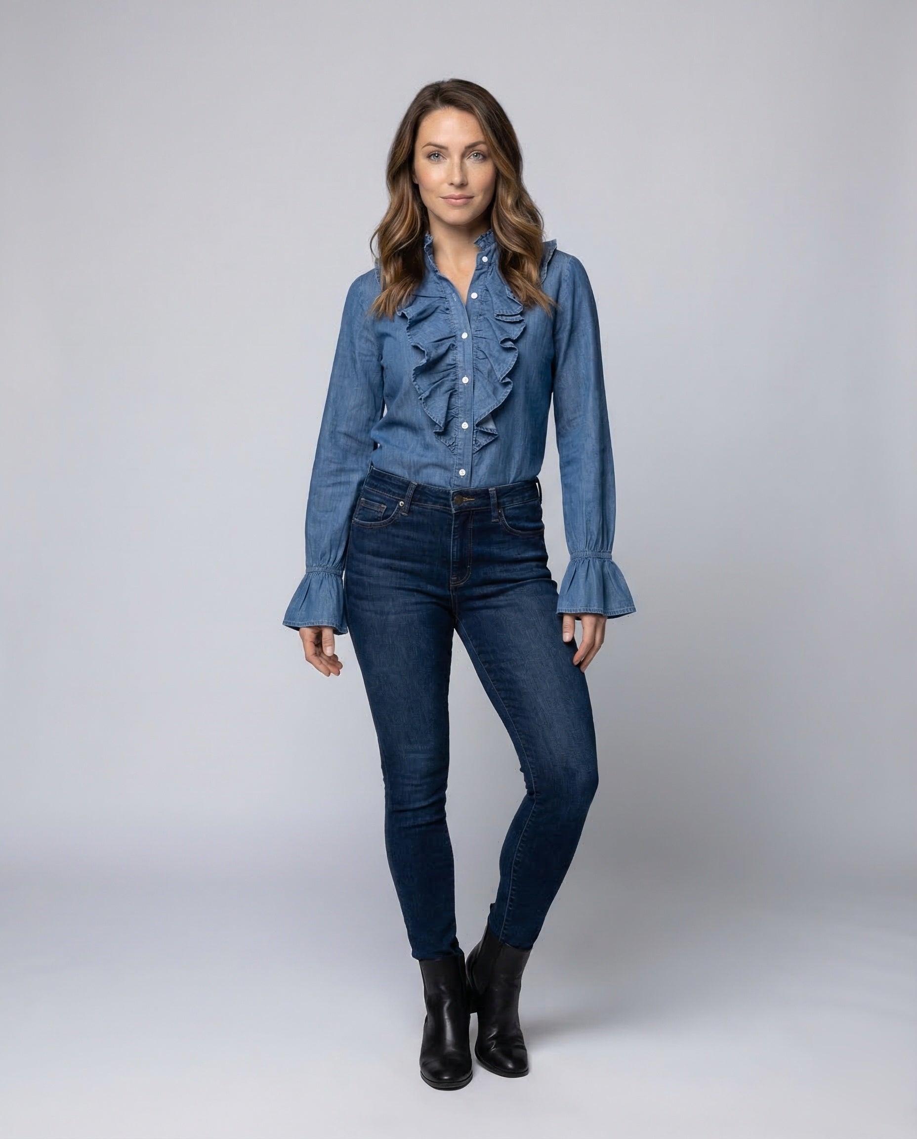 Damen Bluse Rüschen Denim Optik - Norvielle