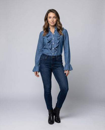Damen Bluse Rüschen Denim Optik - Norvielle