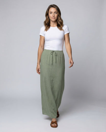 Damen Leinenrock Maxilänge Tunnelzug Beige - Norvielle