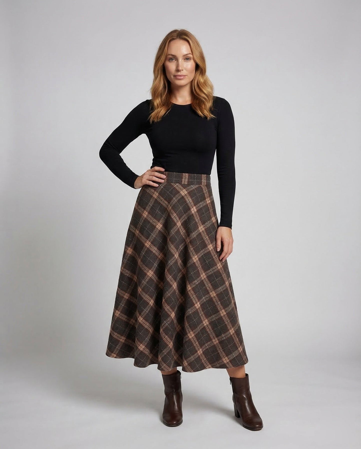 Damen Midirock Karomuster Wolle Schwarz - Norvielle