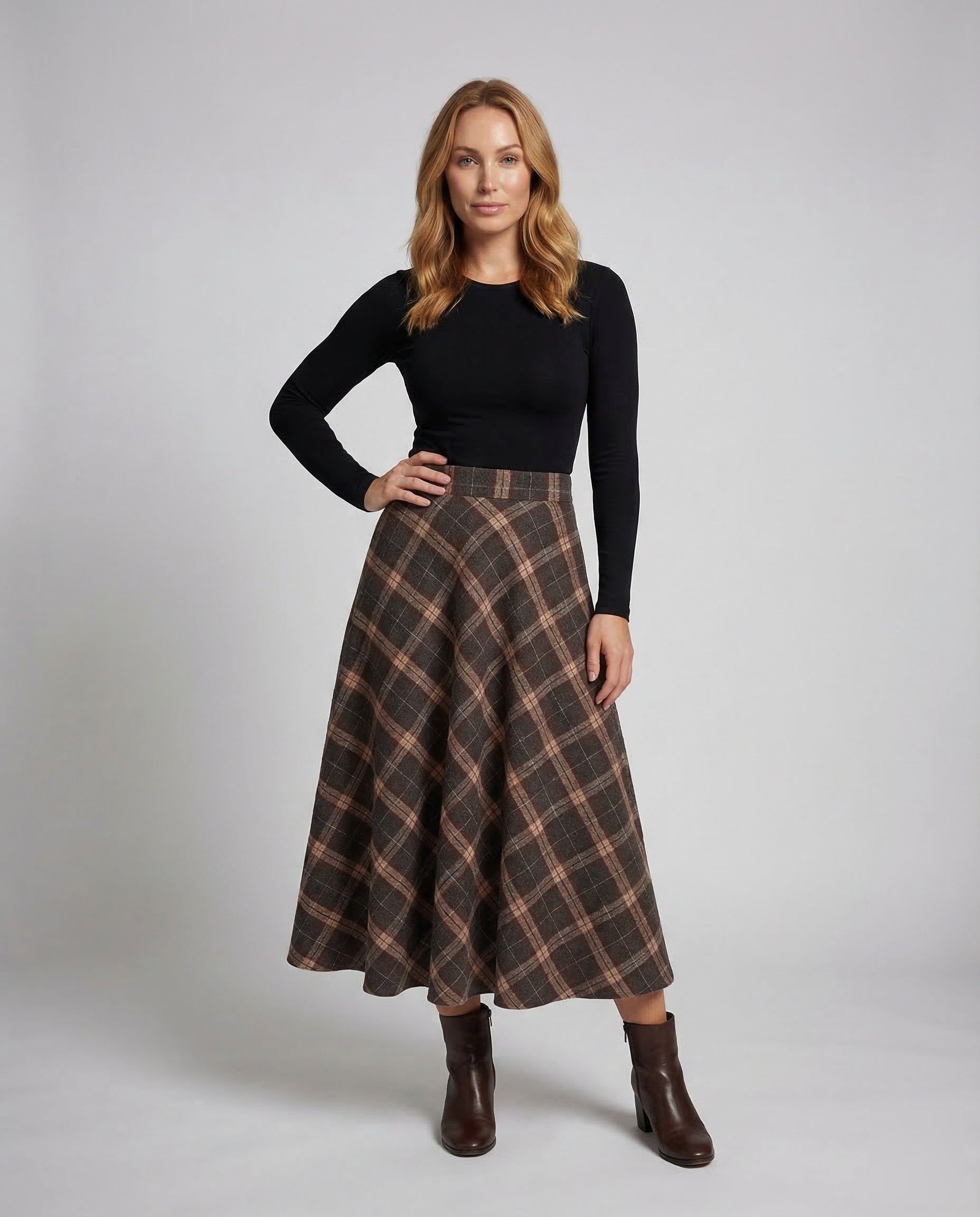 Damen Midirock Karomuster Wolle Schwarz - Norvielle