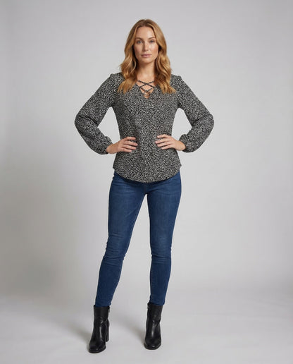 Damen Bluse mit V-Ausschnitt und Schnürung - Norvielle