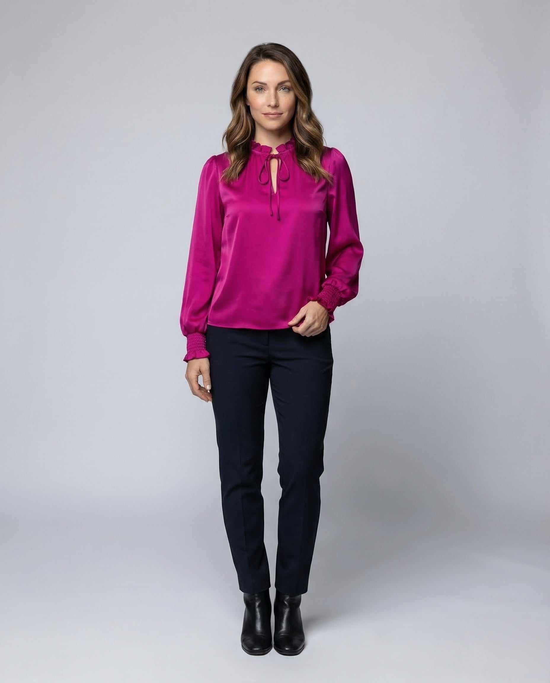 Damen Satinbluse mit Stehkragen und Raffung - Norvielle