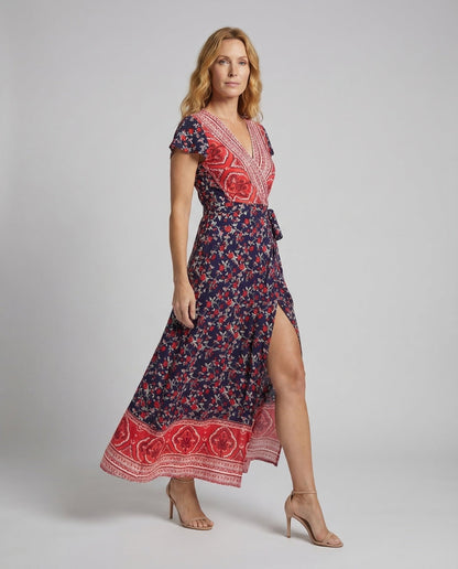 Damen Maxikleid Boho Wickel V-Ausschnitt - Norvielle