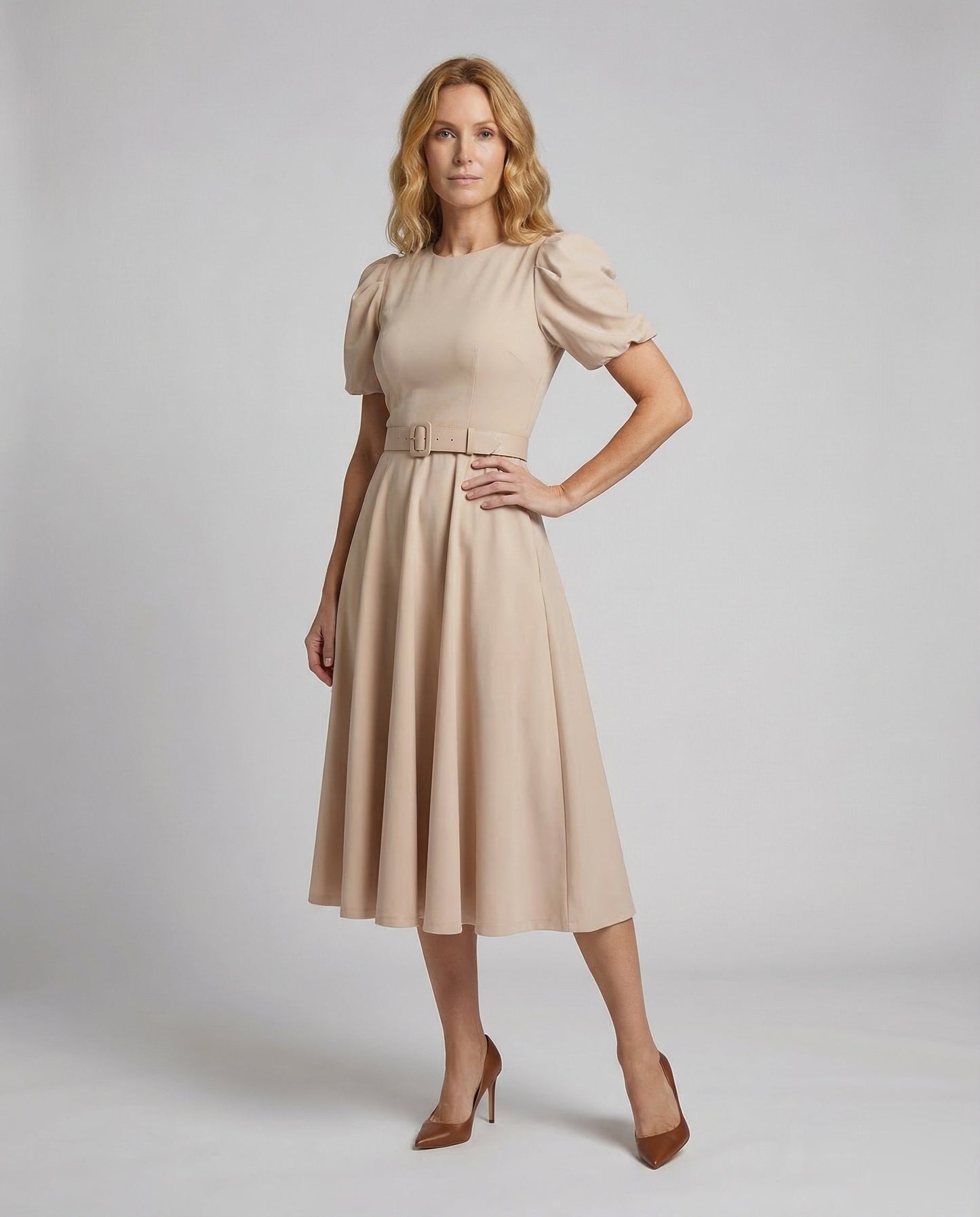 Damen Midikleid mit Puffärmeln und Gürtel - Norvielle