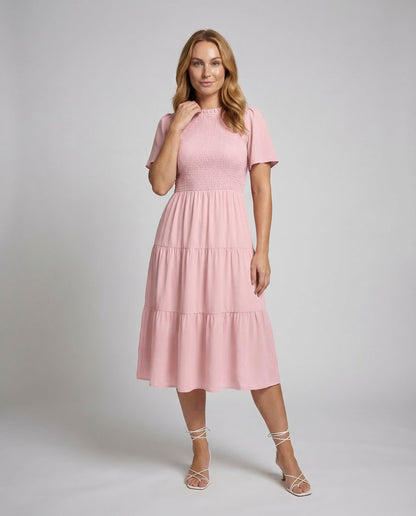 Damen Stufenkleid Midi Gesmokt - Norvielle