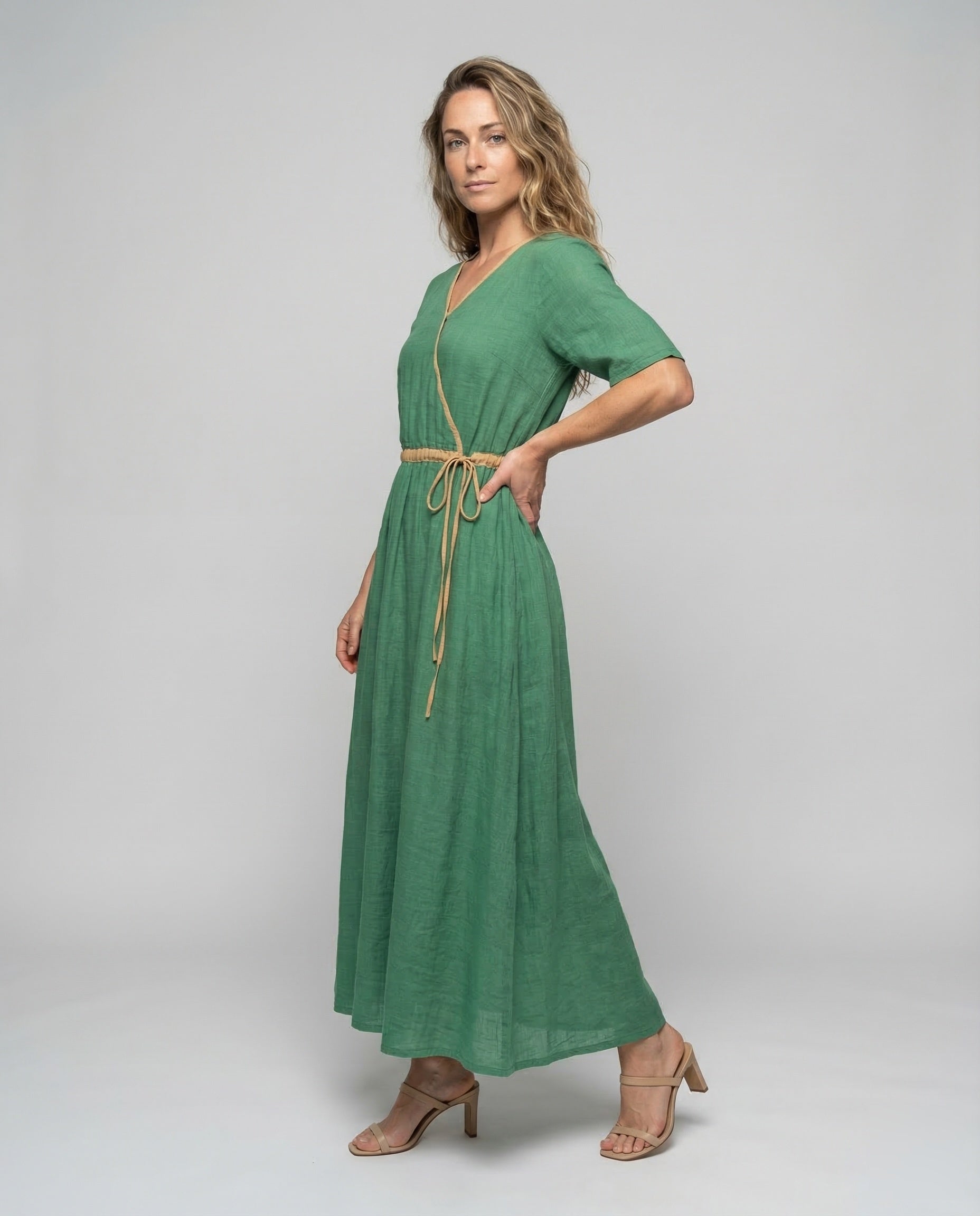 Damen Leinen Maxikleid A-Linie Natürliche Farbe - Norvielle