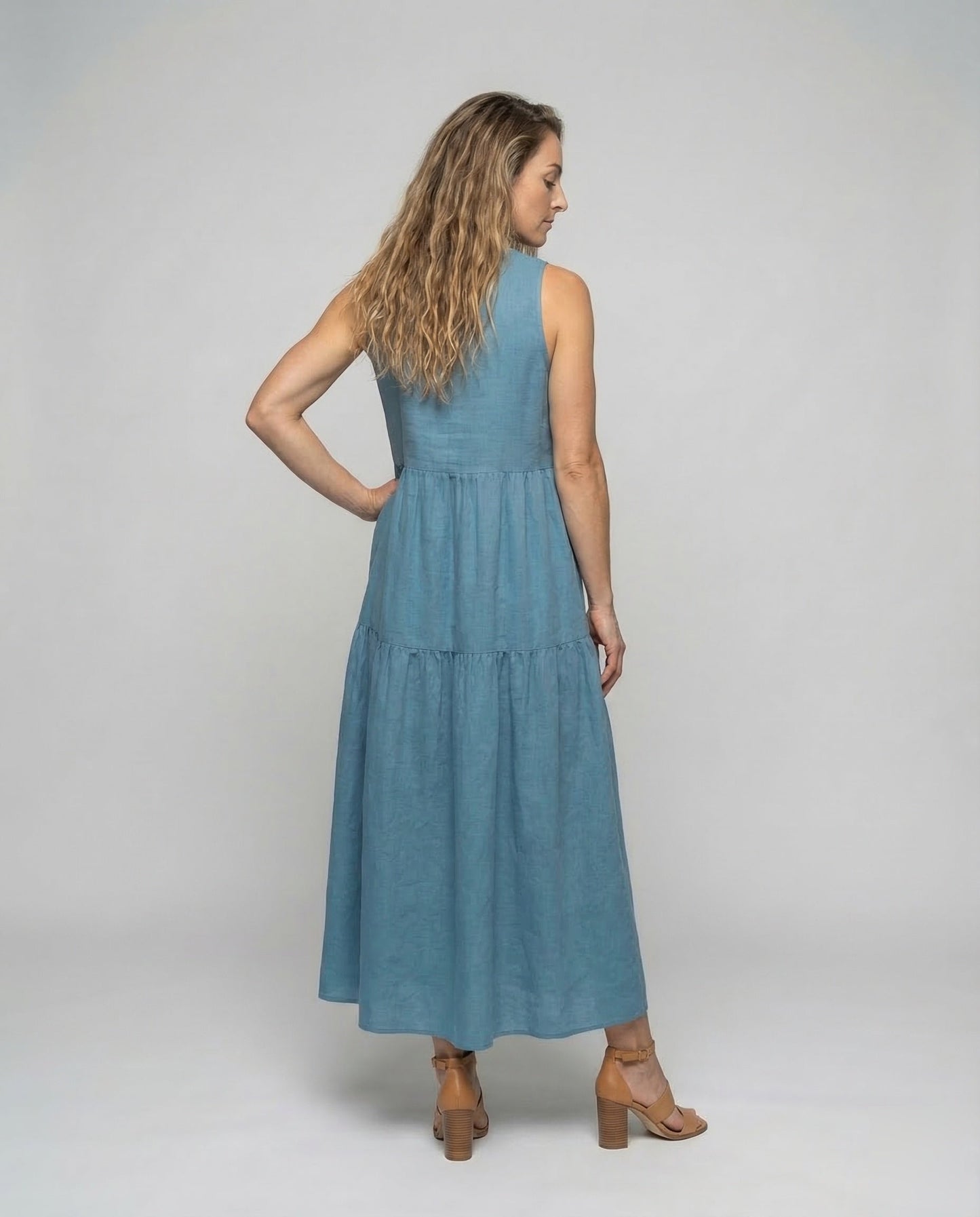 Damen Stufenkleid Leinenoptik Beige