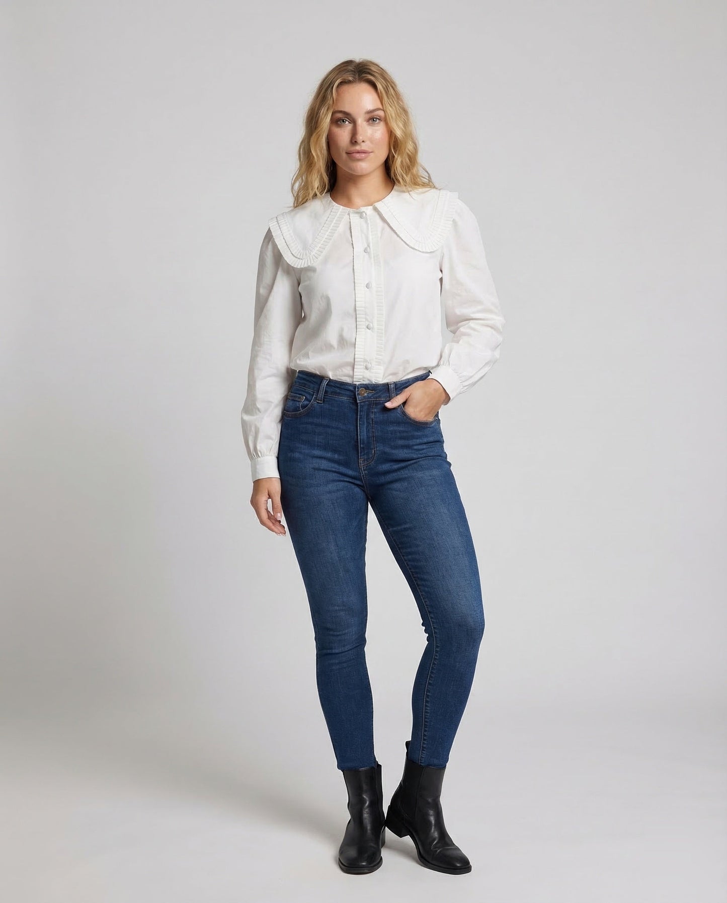 Damen Baumwollbluse Mit Plisseekragen Weiß - Norvielle