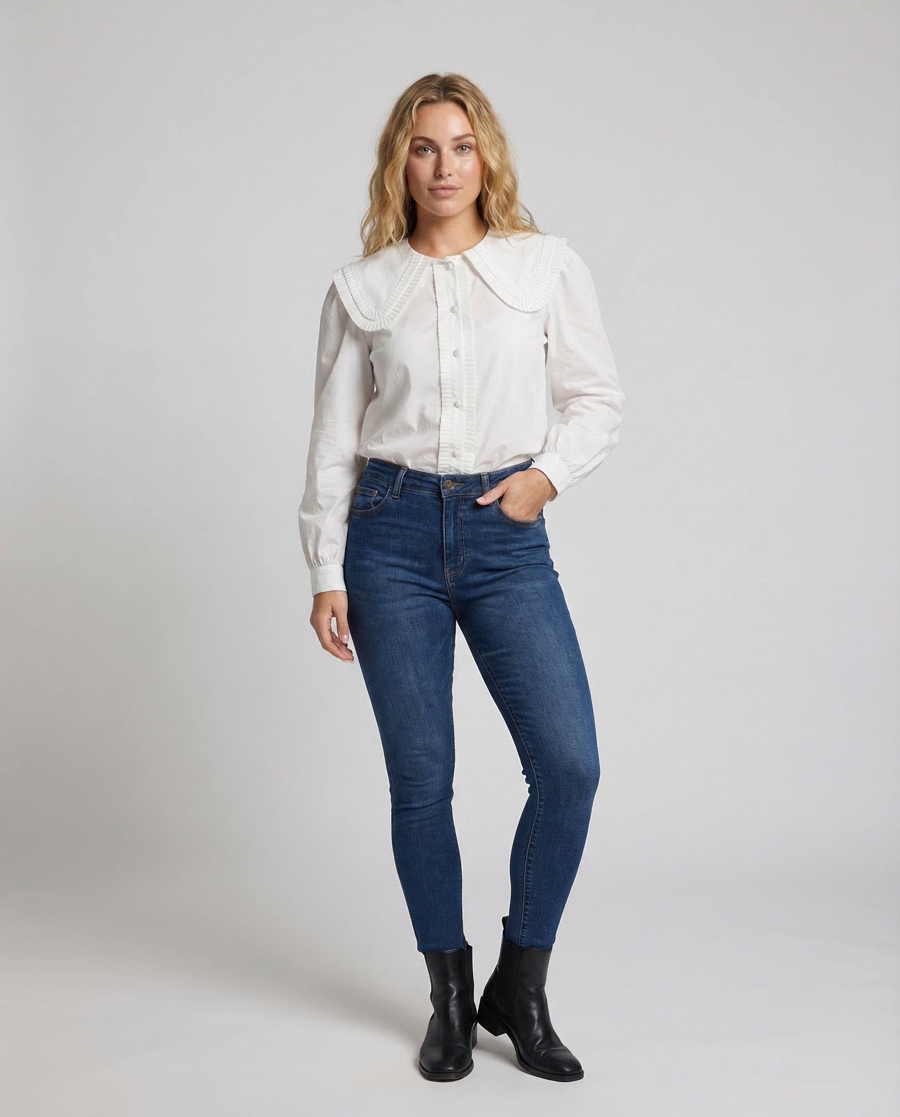 Damen Baumwollbluse Mit Plisseekragen Weiß - Norvielle