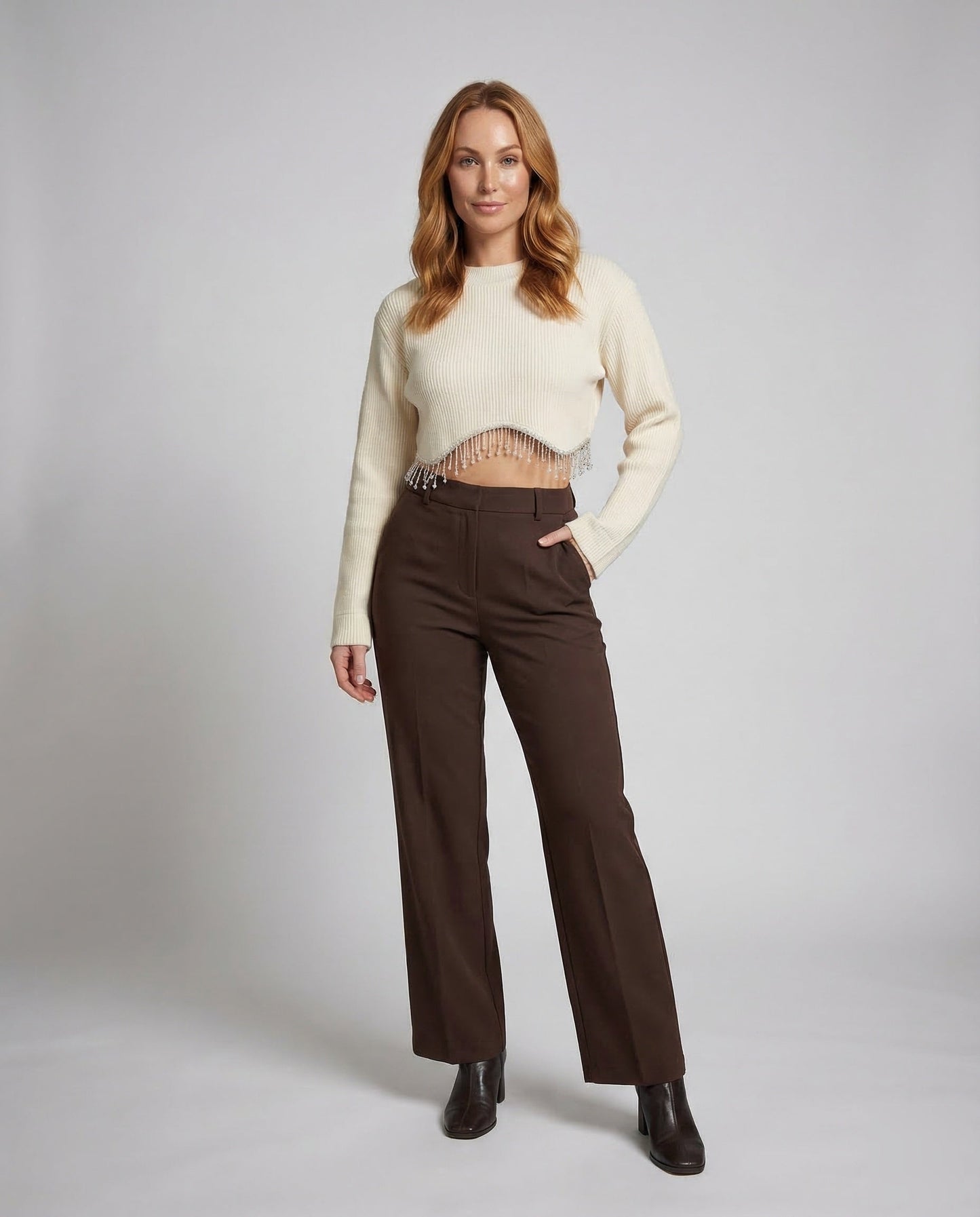 Damen Ripp Crop mit Perlen - Norvielle