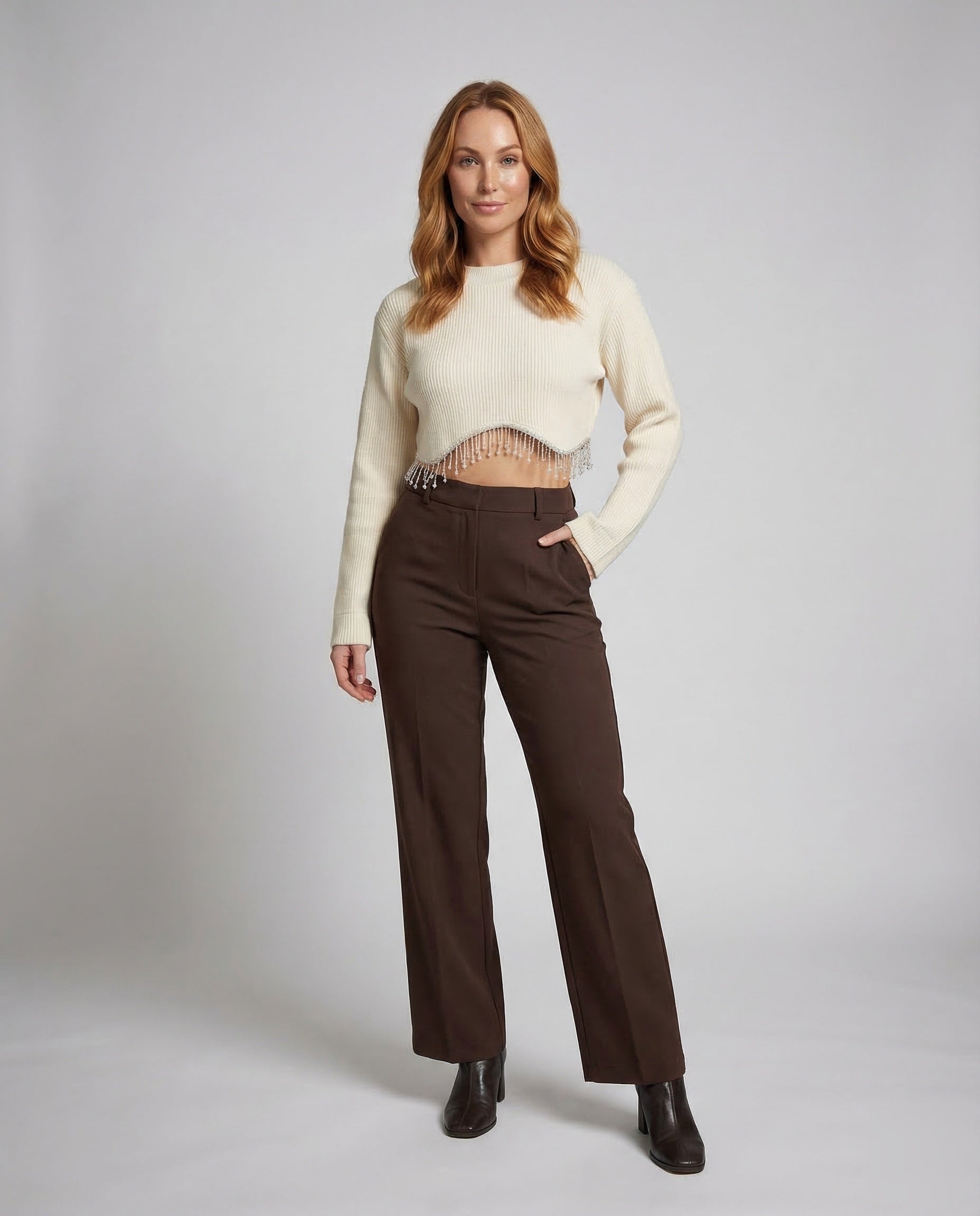 Damen Ripp Crop mit Perlen - Norvielle