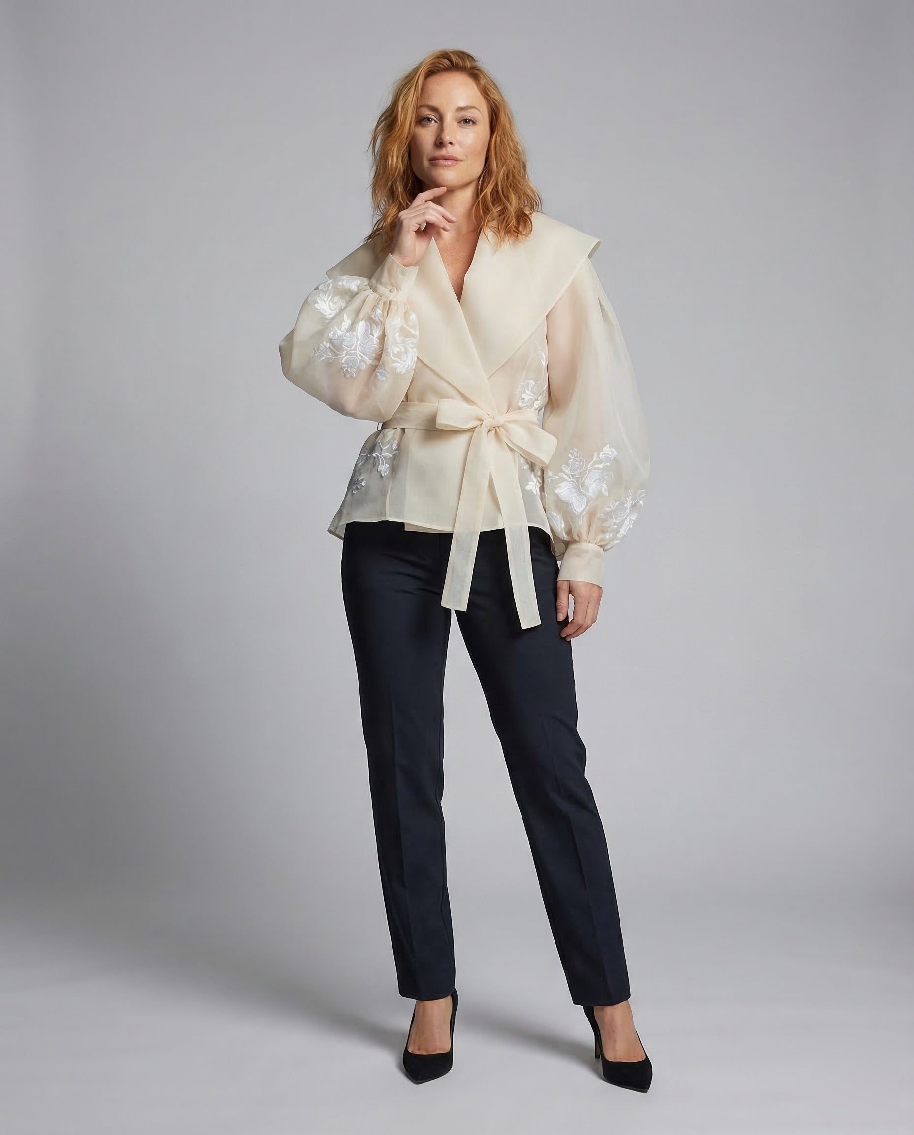 Damen Wickelbluse aus Organza mit Stickerei - Norvielle