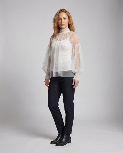 Damen Tüllbluse mit Perlen Dekoration - Norvielle