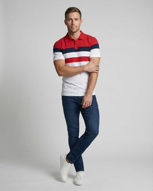 Herren Poloshirt mit Blockstreifen Baumwolle Blau Weiße Streifen - Norvielle