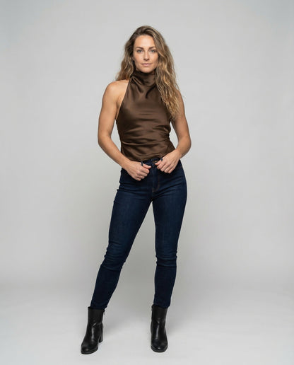 Damen Satin Crop Rückenfrei Seidenglänzend Schwarz - Norvielle