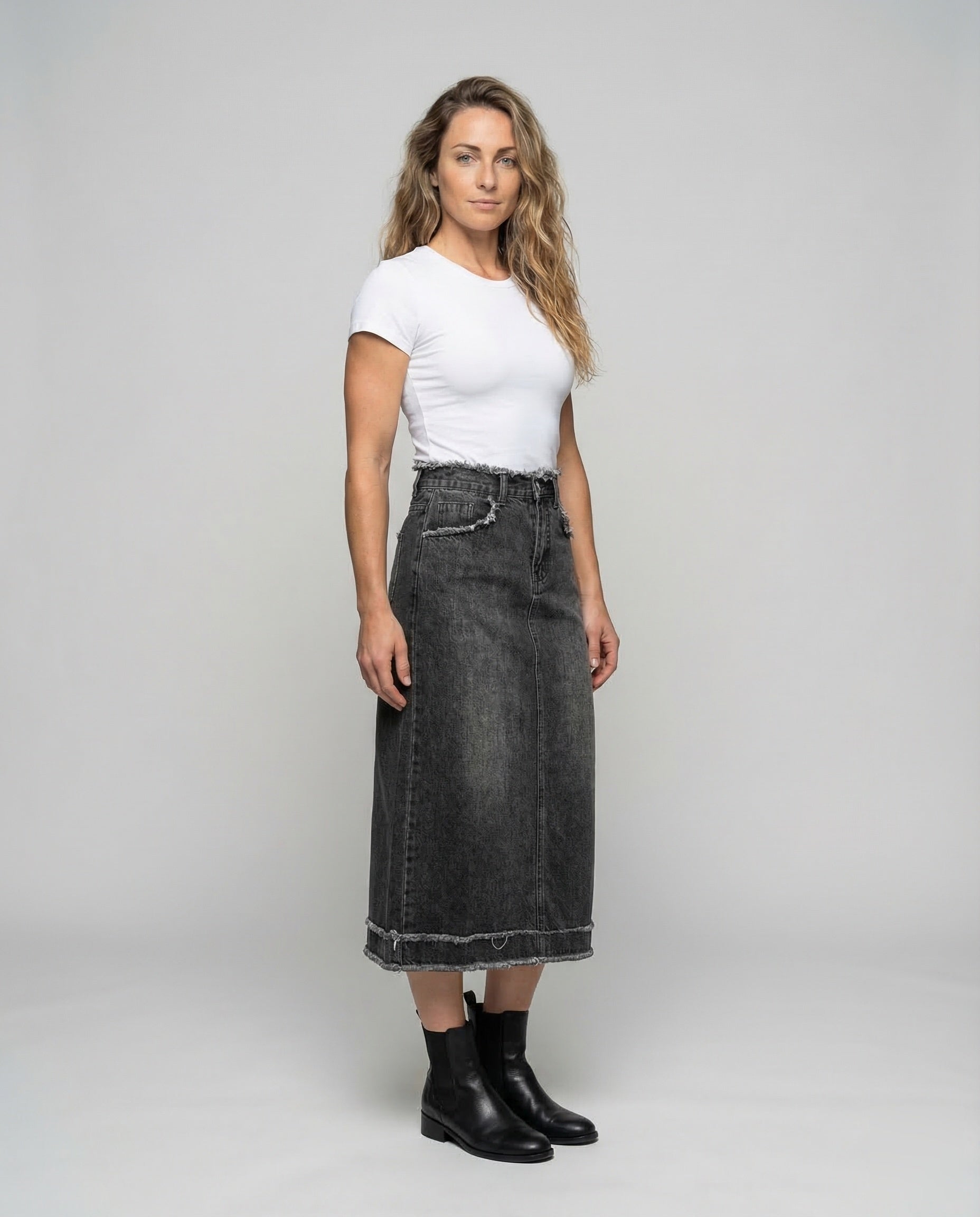 Damen Midirock Jeans mit Fransen - Norvielle