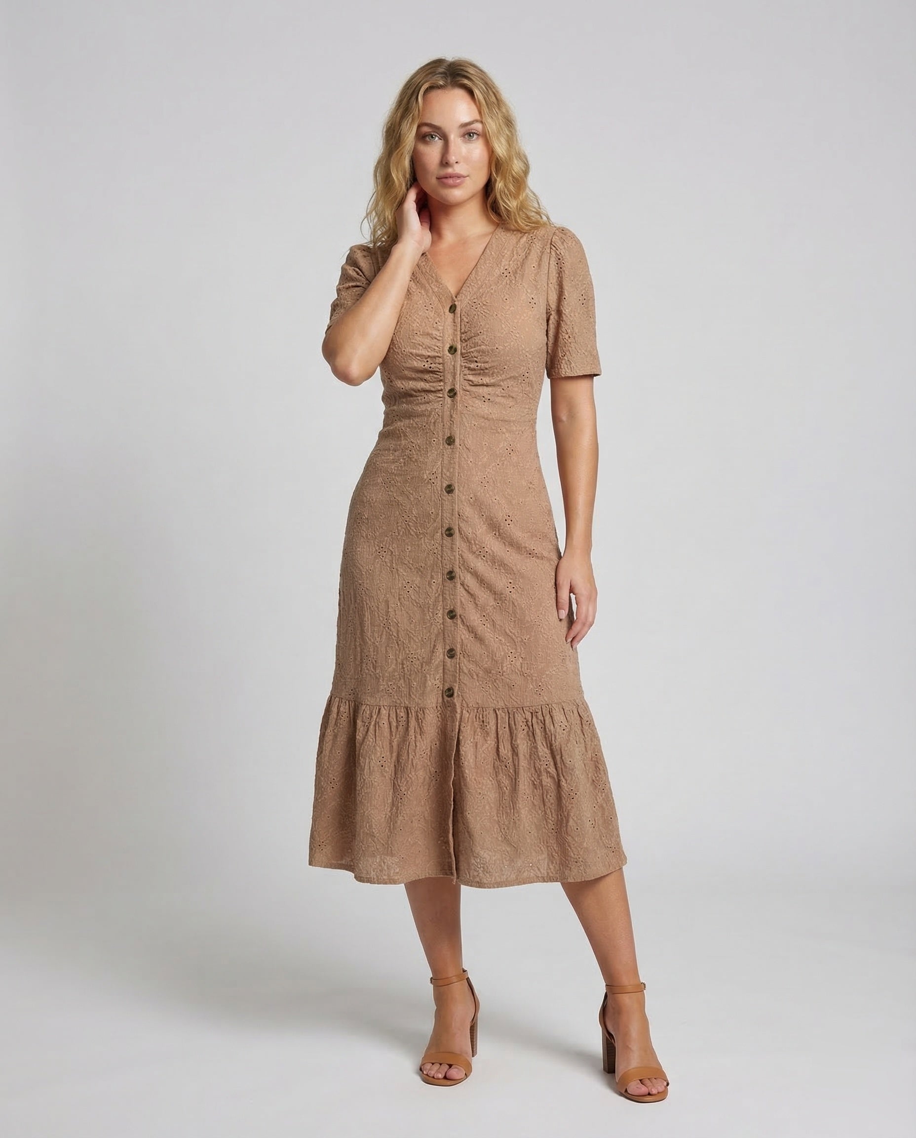 Damen Kleid mit Lochstickerei Knie-lang - Norvielle