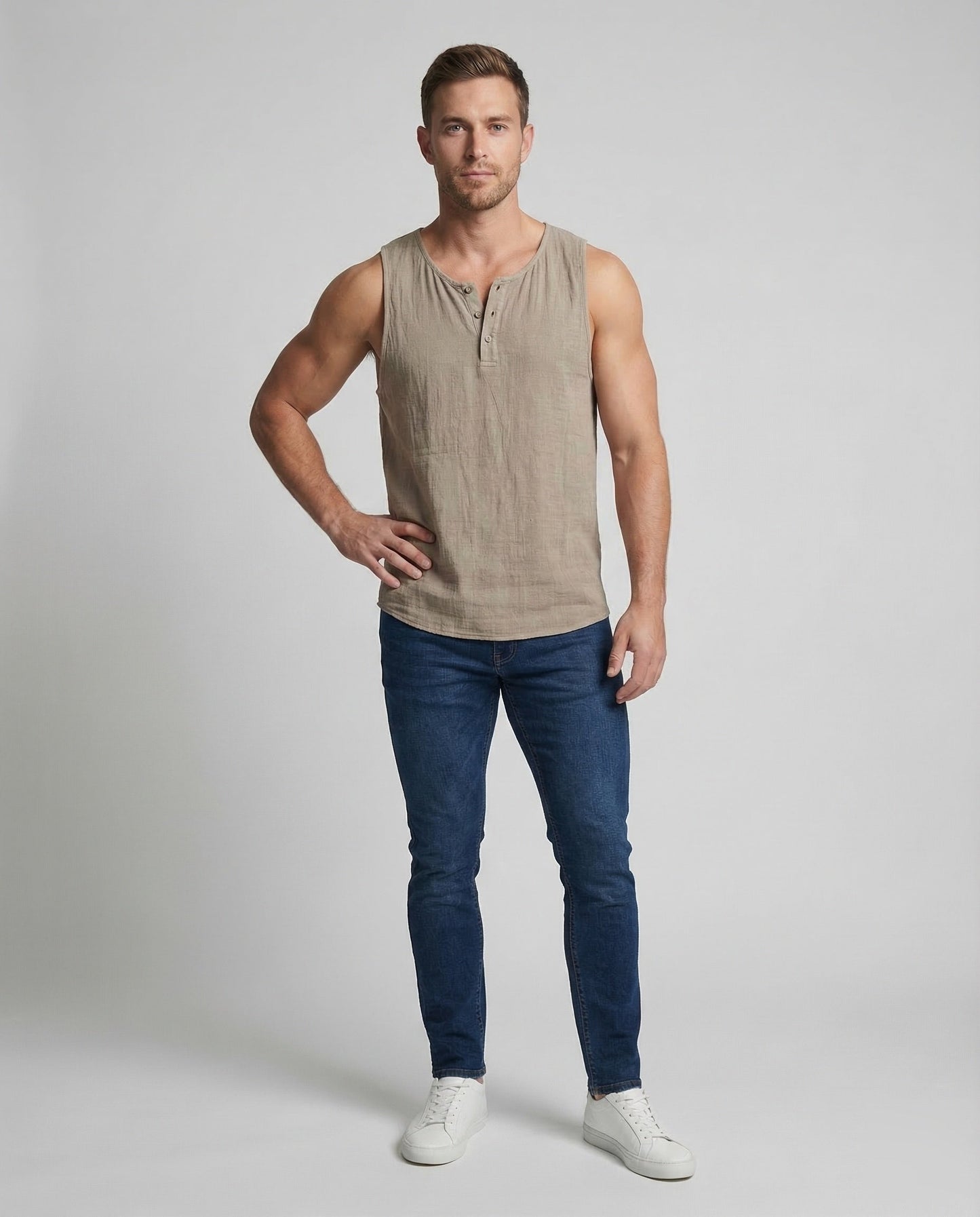 Herren Leinen Muskelshirt Beige - Norvielle