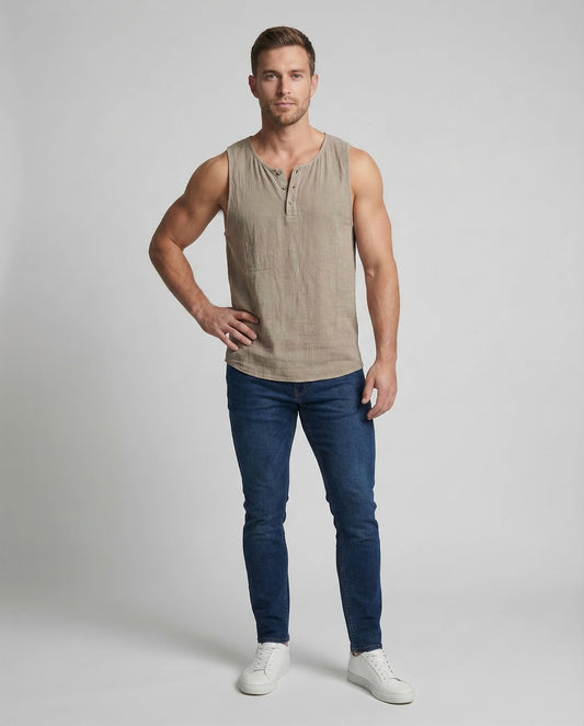 Herren Leinen Muskelshirt Beige - Norvielle