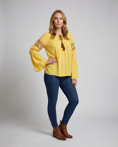 Damen Bluse Boho-Stil Bestickung Trompetenärmel - Norvielle