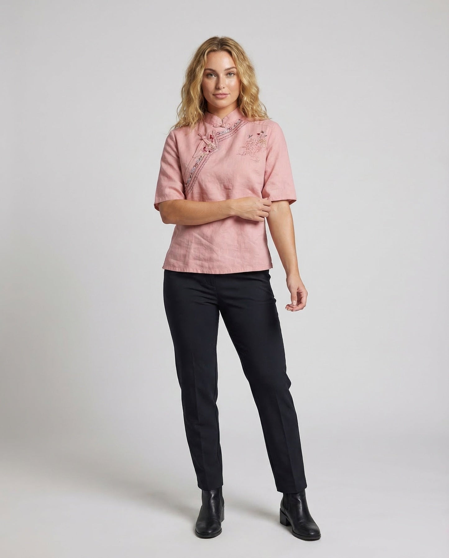 Damen Leinenbluse Chinoiserie Muster Stehkragen - Norvielle