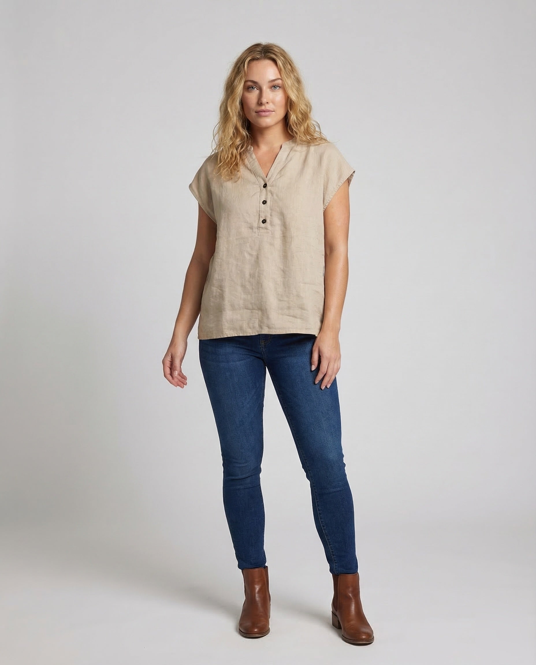 Damen Leinen-Tunika Kastig Stehkragen Beige - Norvielle