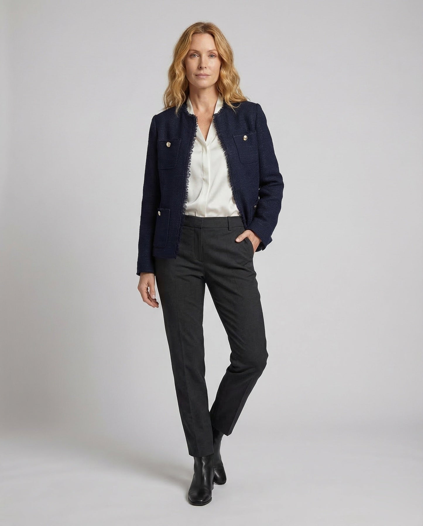 Damen Bouclé-Jacke Ohne Kragen Mit Fransenbesatz - Norvielle