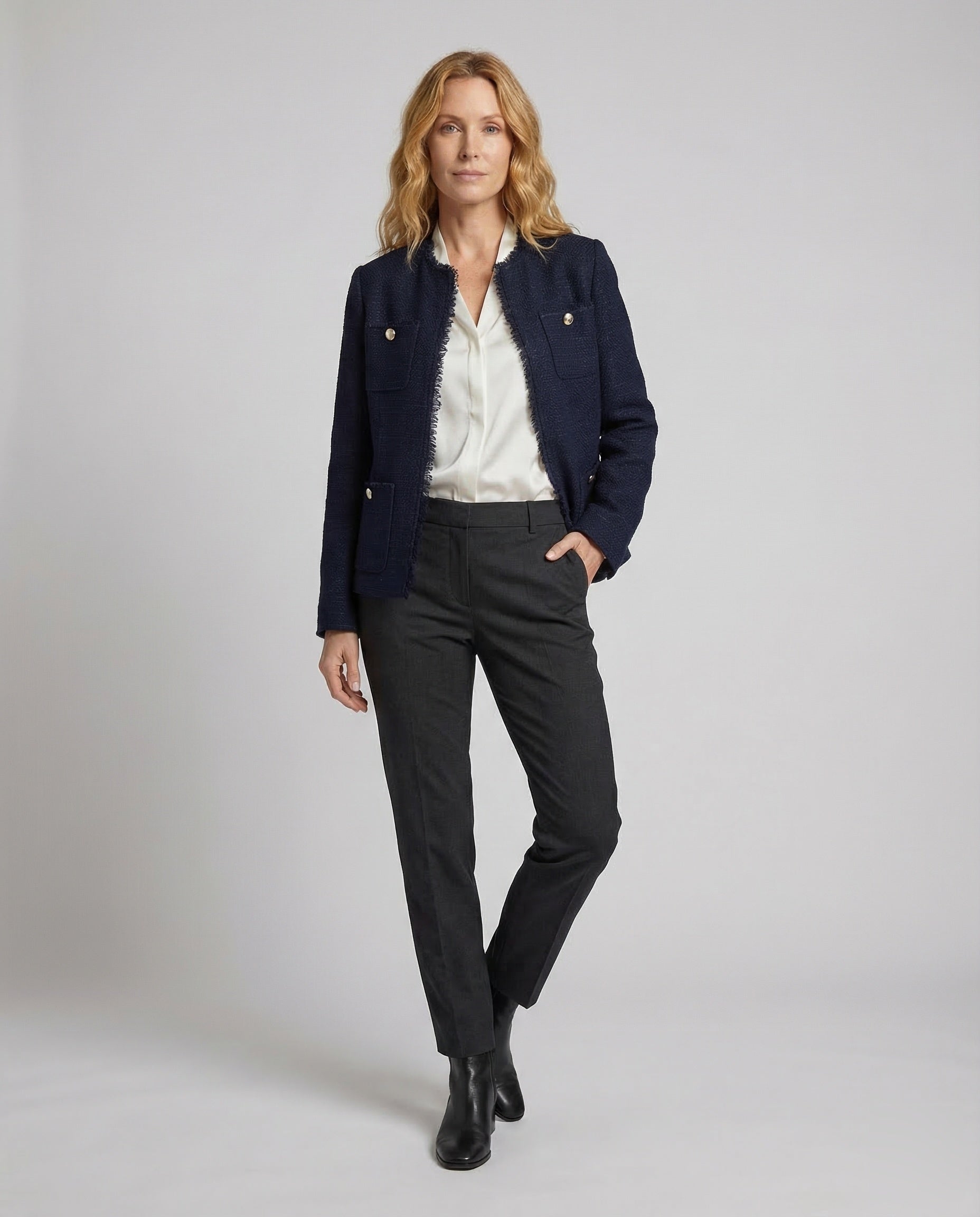 Damen Bouclé-Jacke Ohne Kragen Mit Fransenbesatz - Norvielle