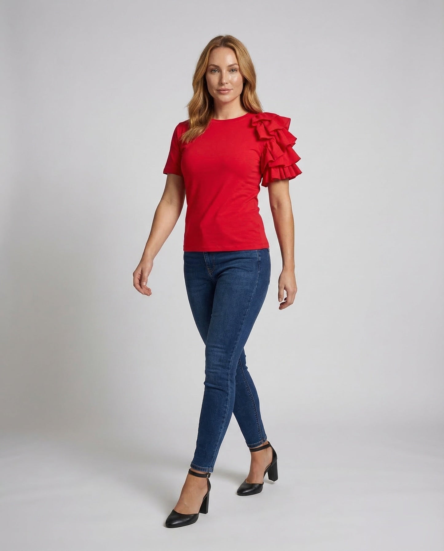 Damen Kurzarmshirt Rundhals Volant Schulter - Norvielle