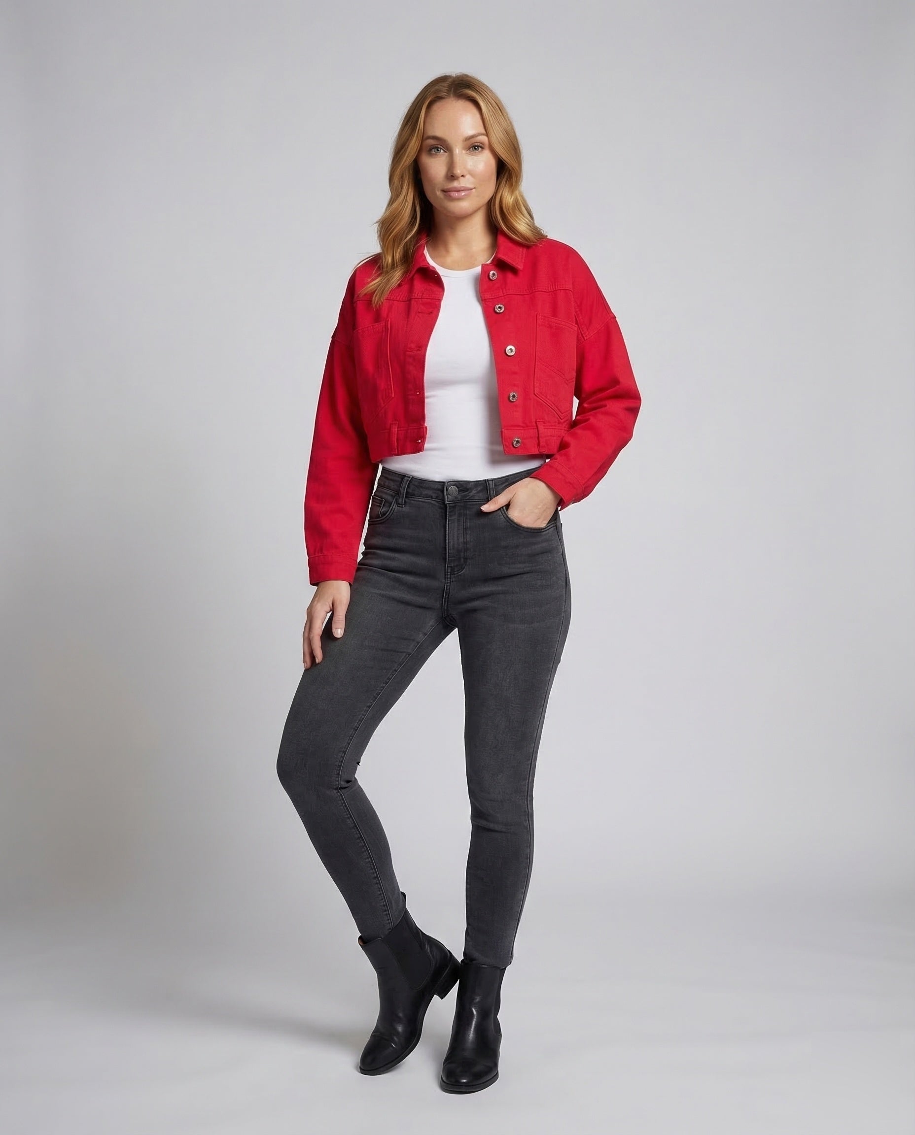Damen Kurze Jeansjacke Knopfverschluss - Norvielle