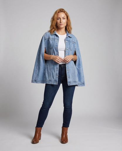Damen Oversize Jeansmantel mit Cape-Ärmeln - Norvielle