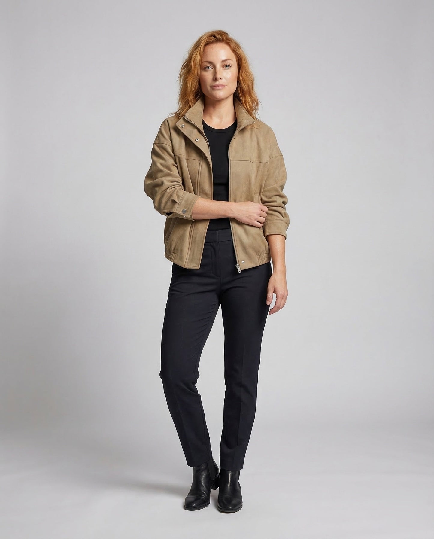 Damen Oversize Lederblouson Stehkragen Wildleder - Norvielle