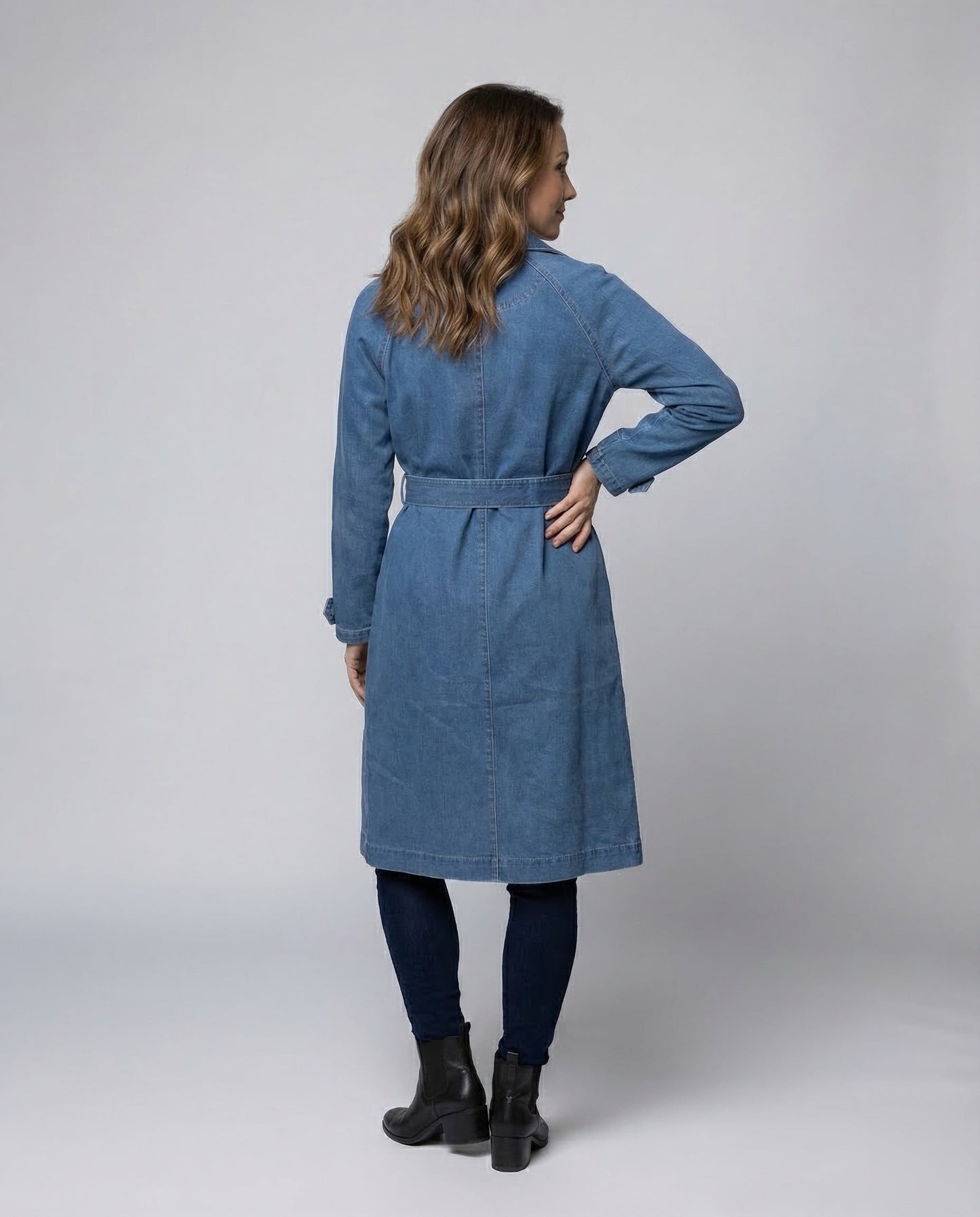 Damen Jeans-Trenchcoat Langer Mantel Mit Taillengürtel