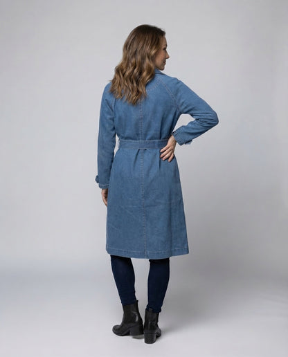 Damen Jeans-Trenchcoat Langer Mantel Mit Taillengürtel