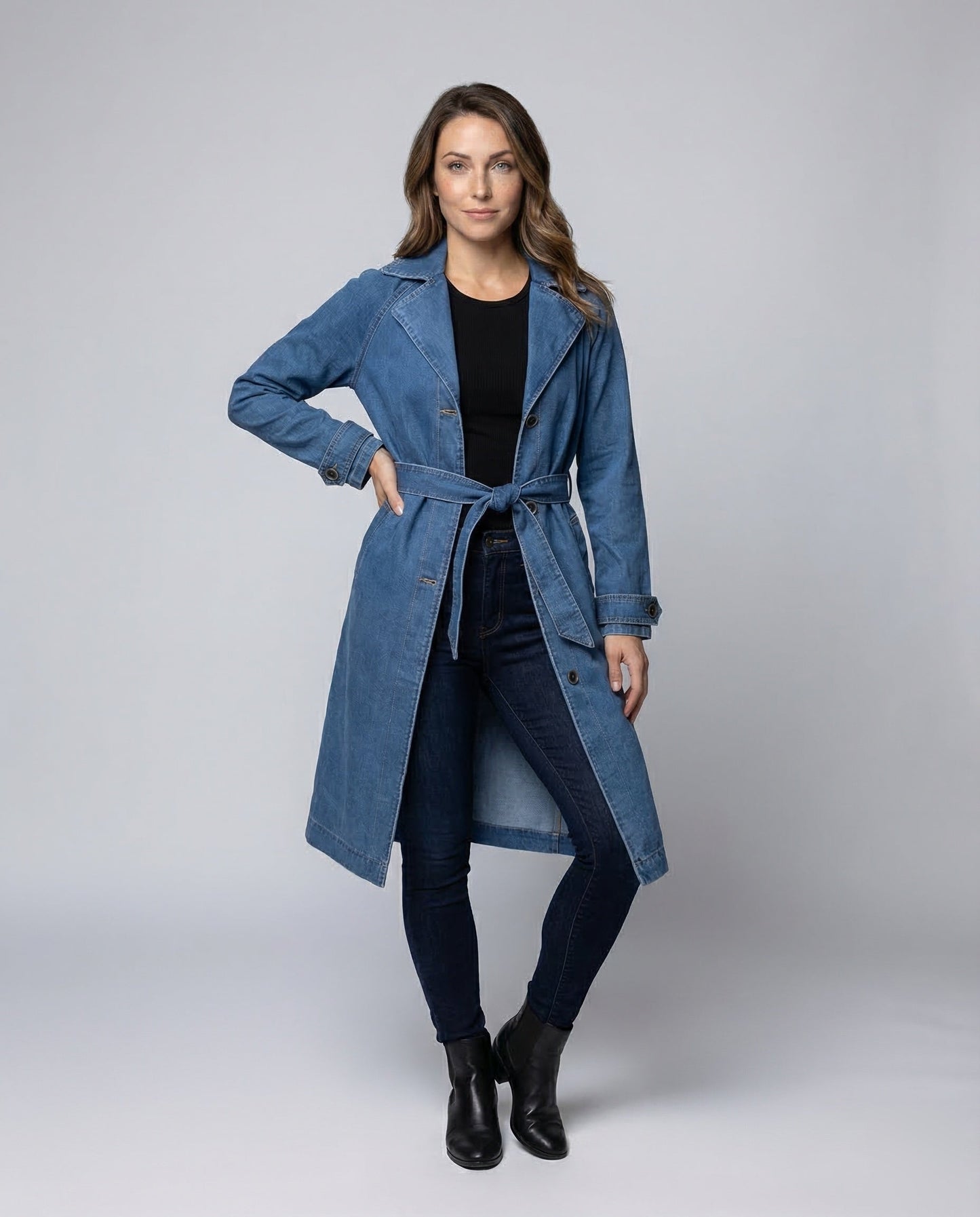 Damen Jeans-Trenchcoat Langer Mantel Mit Taillengürtel - Norvielle