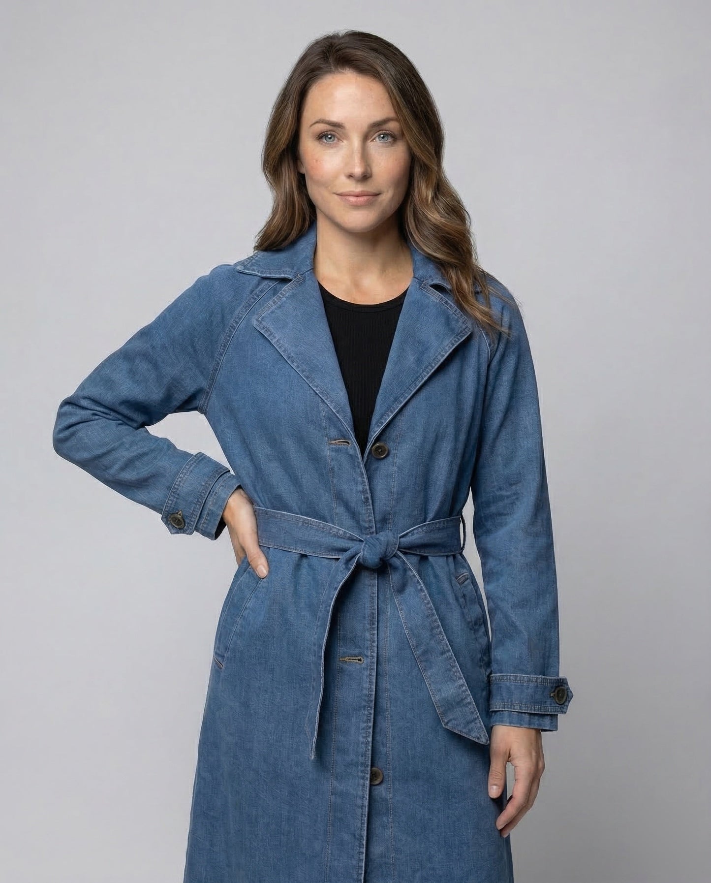 Damen Jeans-Trenchcoat Langer Mantel Mit Taillengürtel