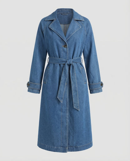 Damen Jeans-Trenchcoat Langer Mantel Mit Taillengürtel