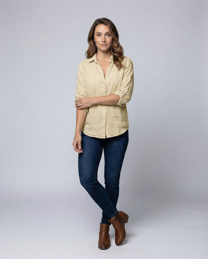 Damen Leinenbluse Mit Umlegekragen Leicht Beige - Norvielle