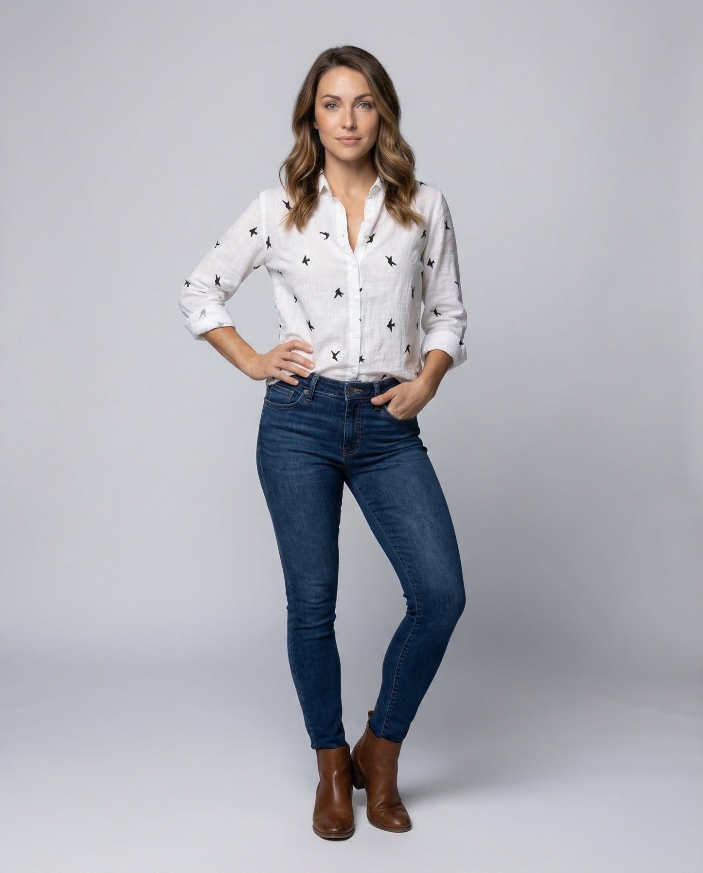 Damen Hemdbluse Leinenmischstoff Vogelstickerei - Norvielle