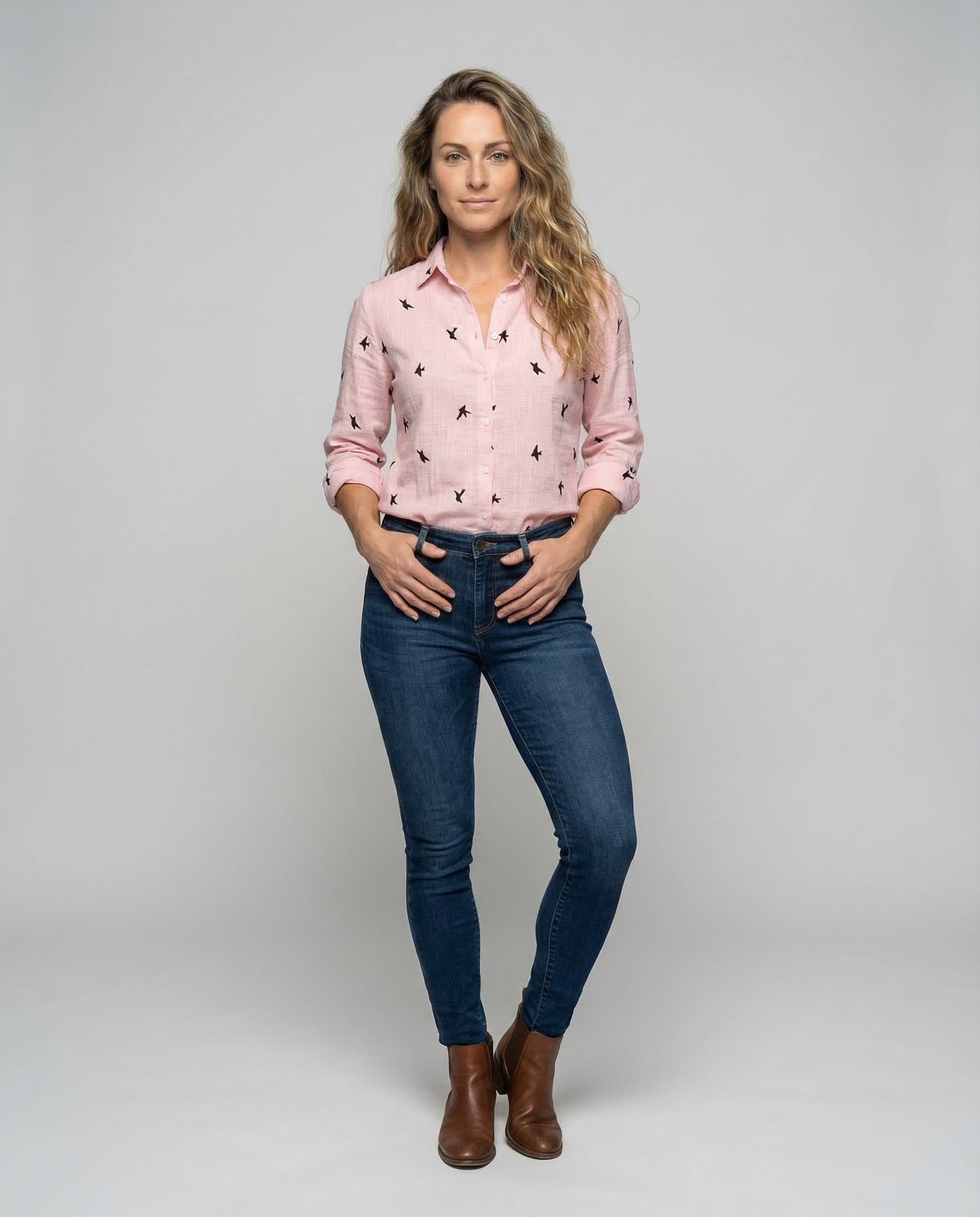 Damen Bluse Vogel-Print Rüschenkragen Musselin - Norvielle