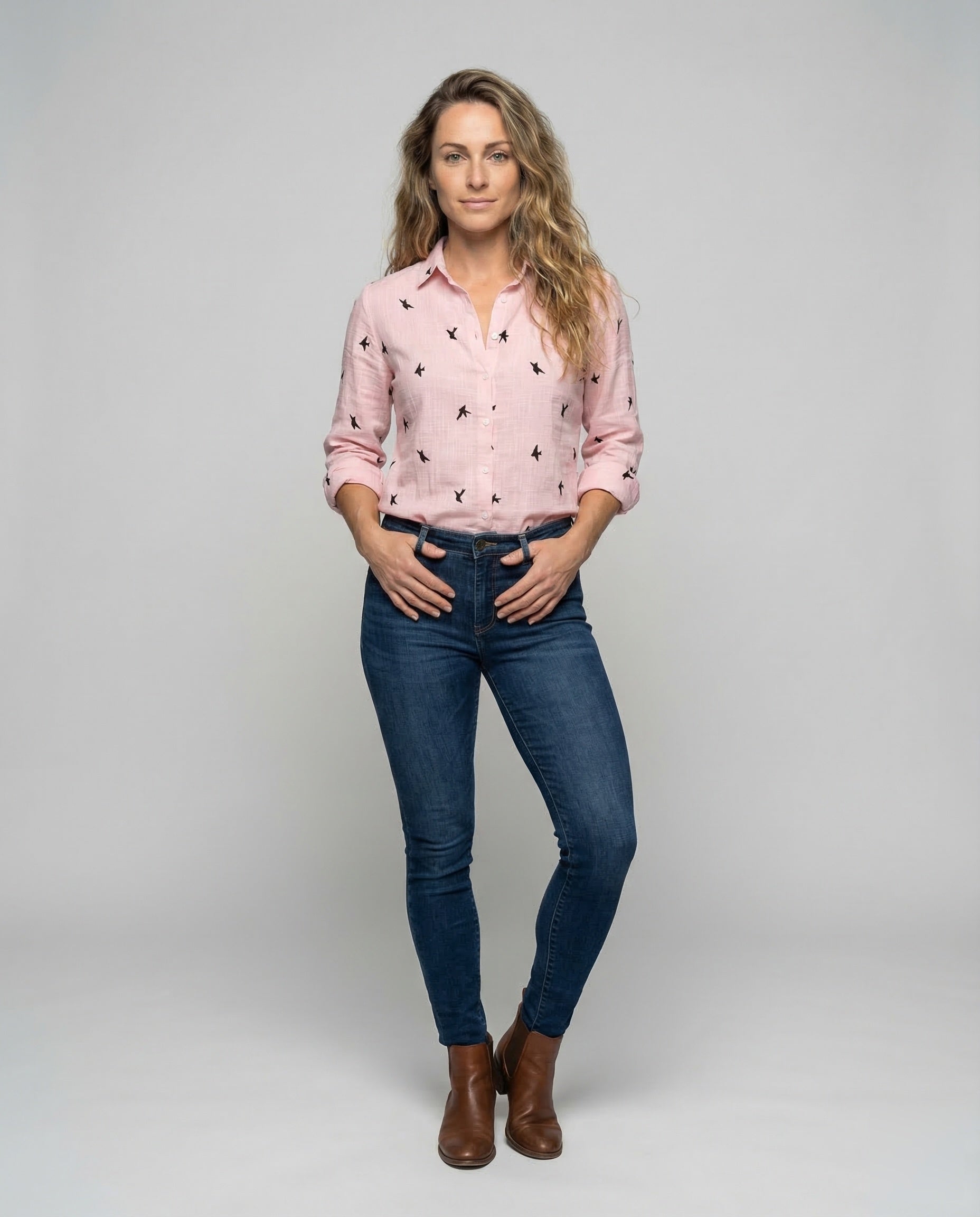 Damen Bluse Vogel-Print Rüschenkragen Musselin - Norvielle