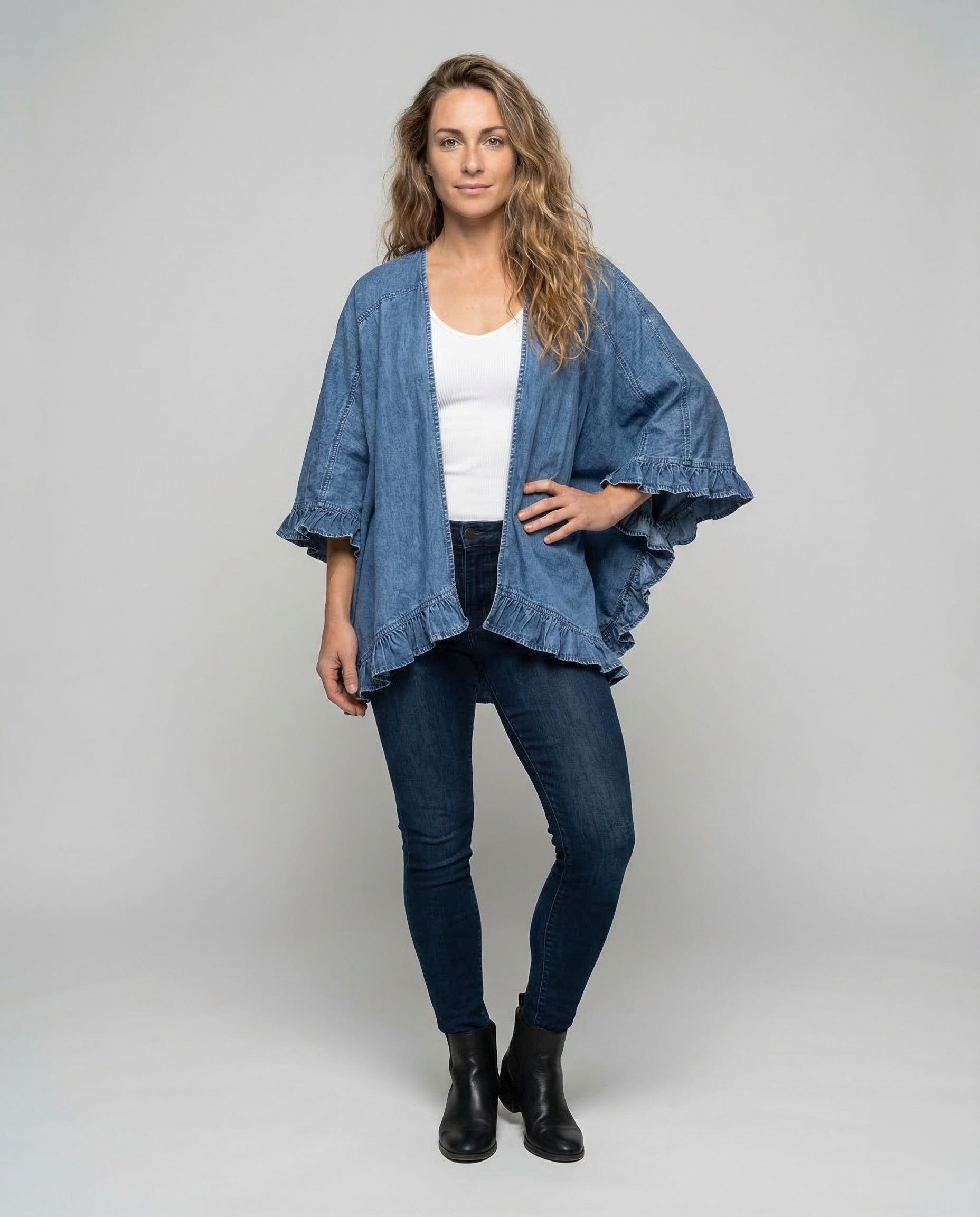 Damen Jeans-Kimono mit Volantärmeln - Norvielle