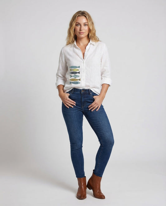 Damen Strandhemd Leinenlook Fischprint - Norvielle