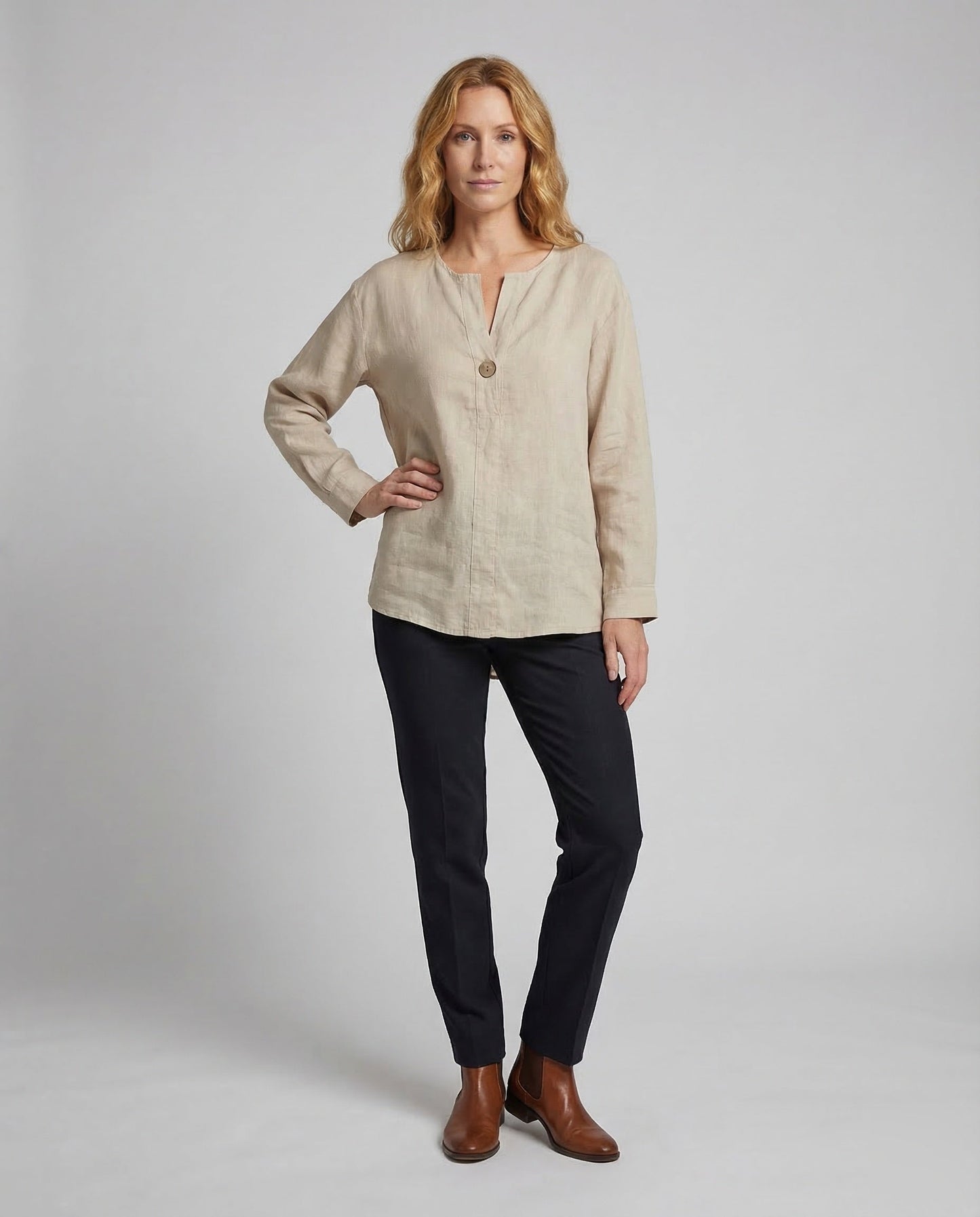 Damen Leinen-Tunika Leicht Knopfverschluss Beige - Norvielle