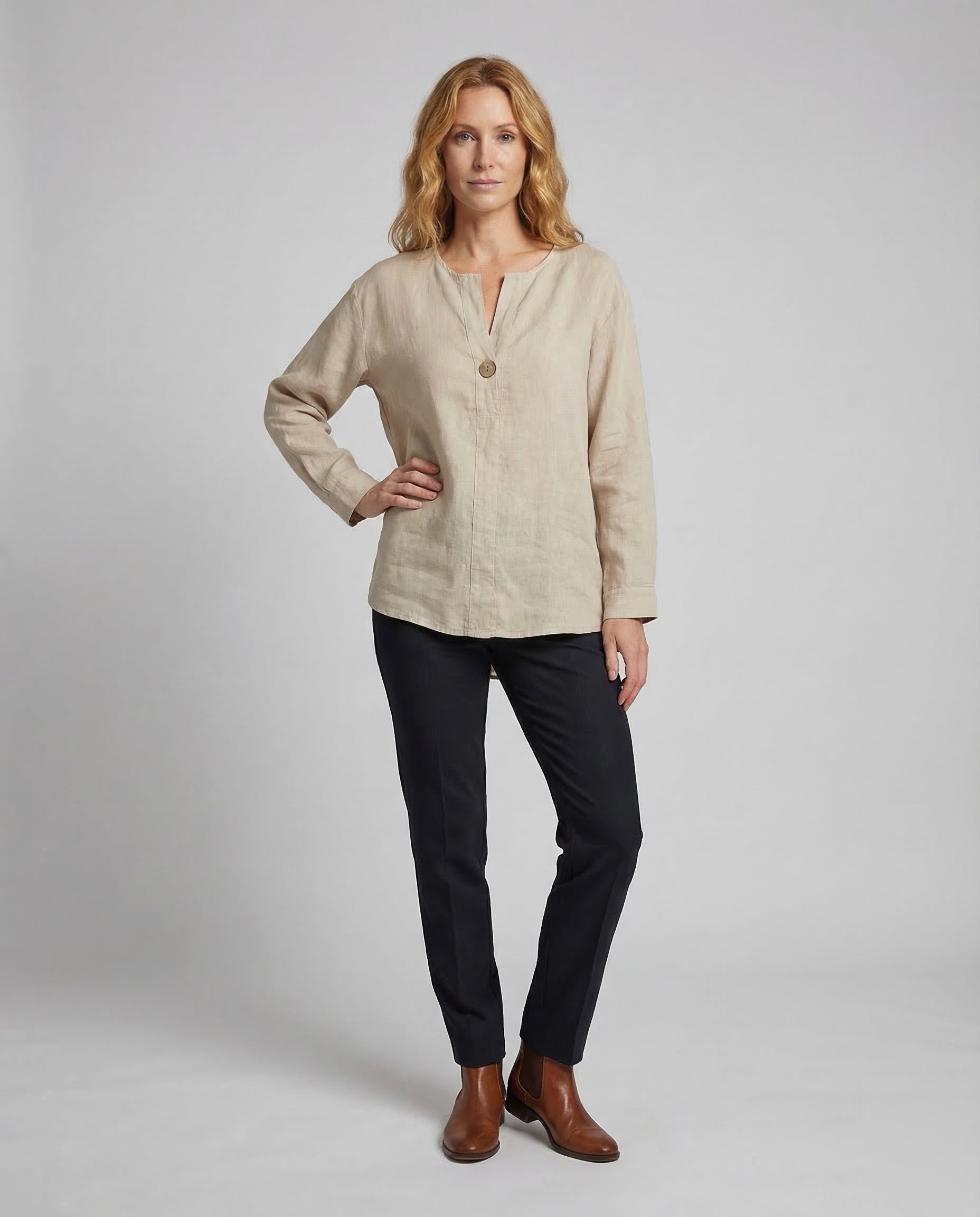 Damen Leinen-Tunika Leicht Knopfverschluss Beige - Norvielle