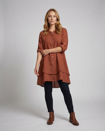 Damen Leinenkleid Stehkragen - Norvielle
