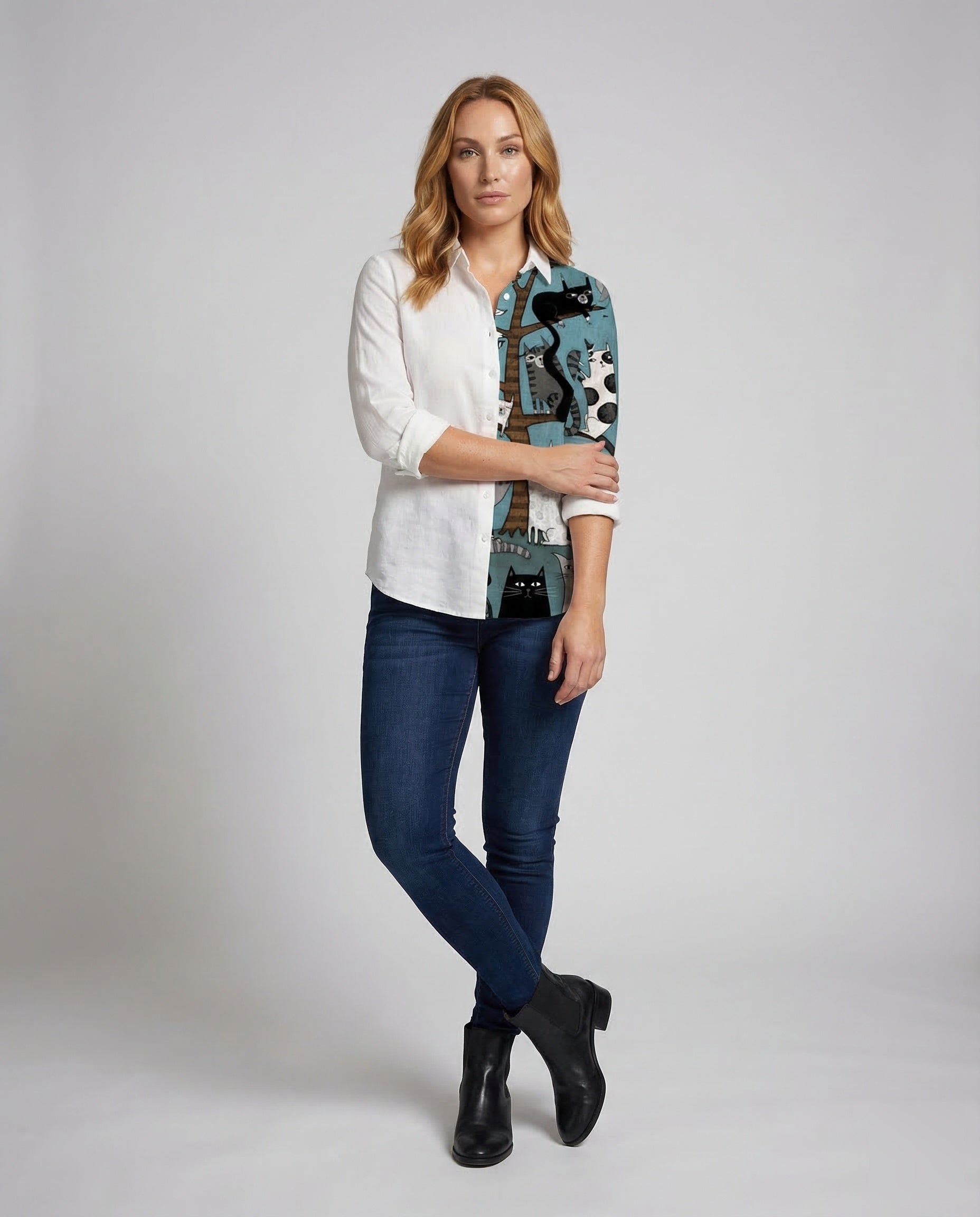 Damen Hemdbluse Leinen Katzenprint Bluse - Norvielle