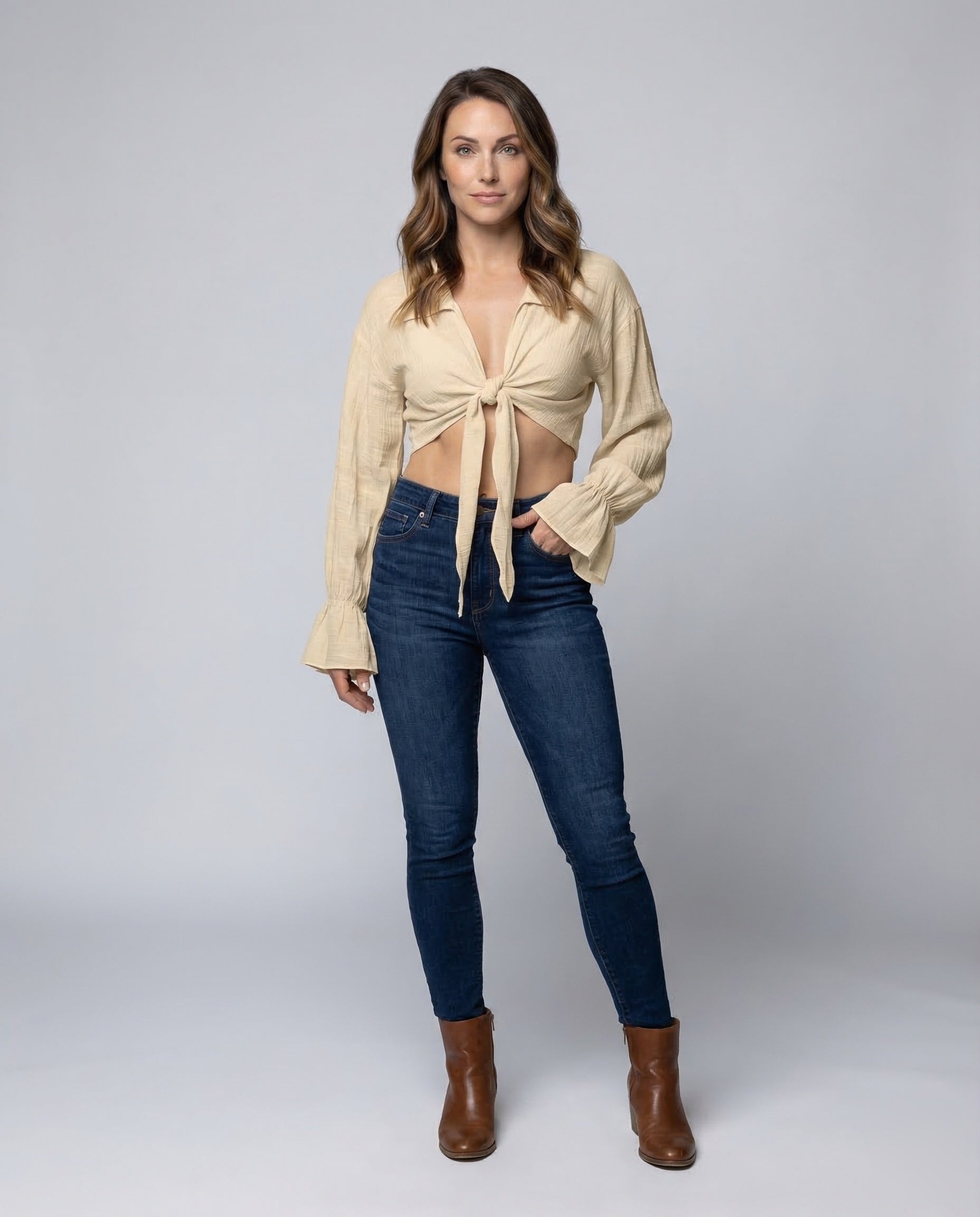 Damen Bluse Mit Knoten Hemdkragen Ballonärmel - Norvielle